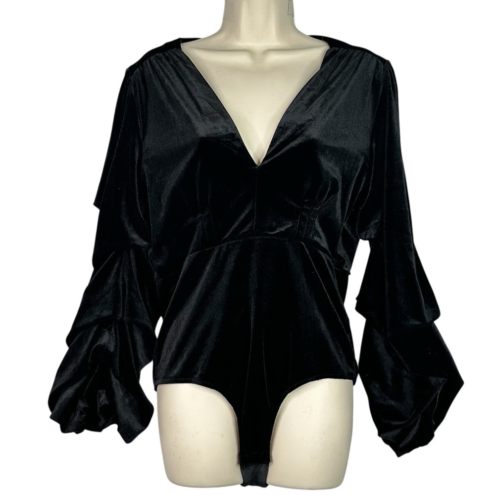 DO+BE Black Velvet Bodysuit Women's Deep V Neck Long Balloon Sleeve Gothic Large